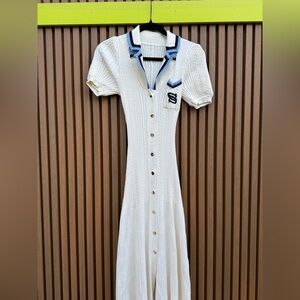 Sandro Cream Knit Midi Dress with Blue Trim